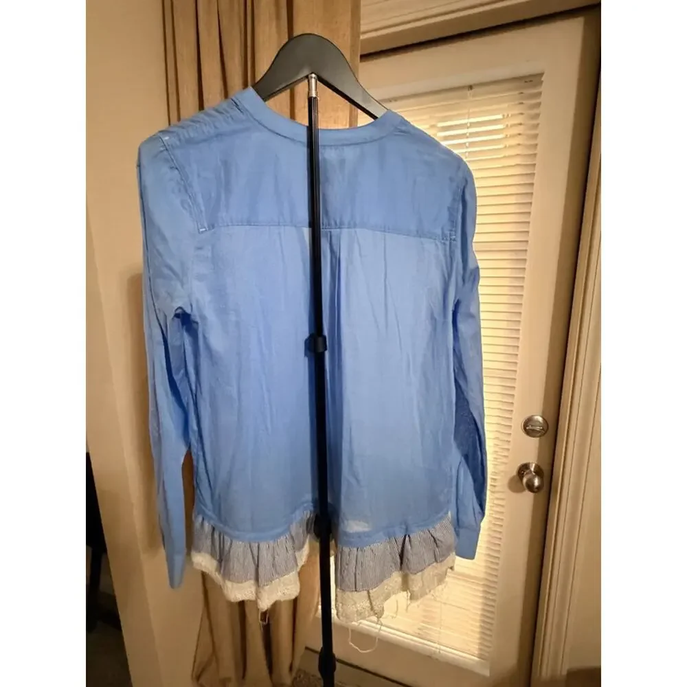 Holding Horses ruffle and blue blouse 100% cotton unique beautiful S 1961